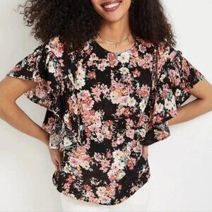Maurices Black Pink Boho Floral Crinkle Gauze Ruffle Flutter Sleeve Shirt